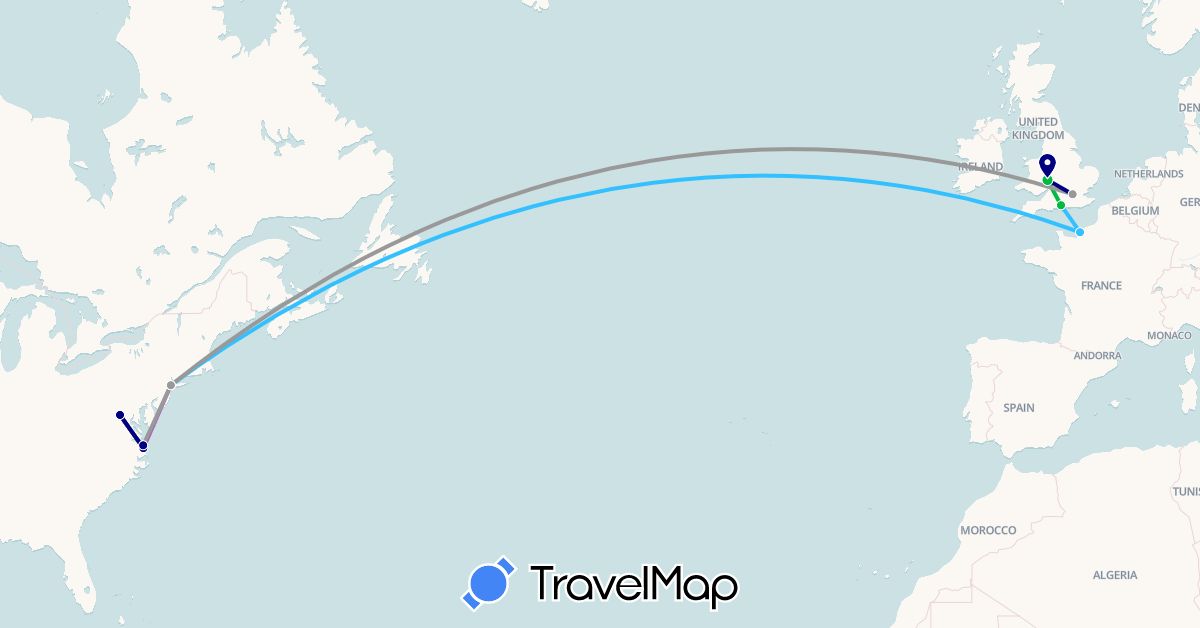 TravelMap itinerary: driving, bus, plane, train, boat in France, United Kingdom, United States (Europe, North America)